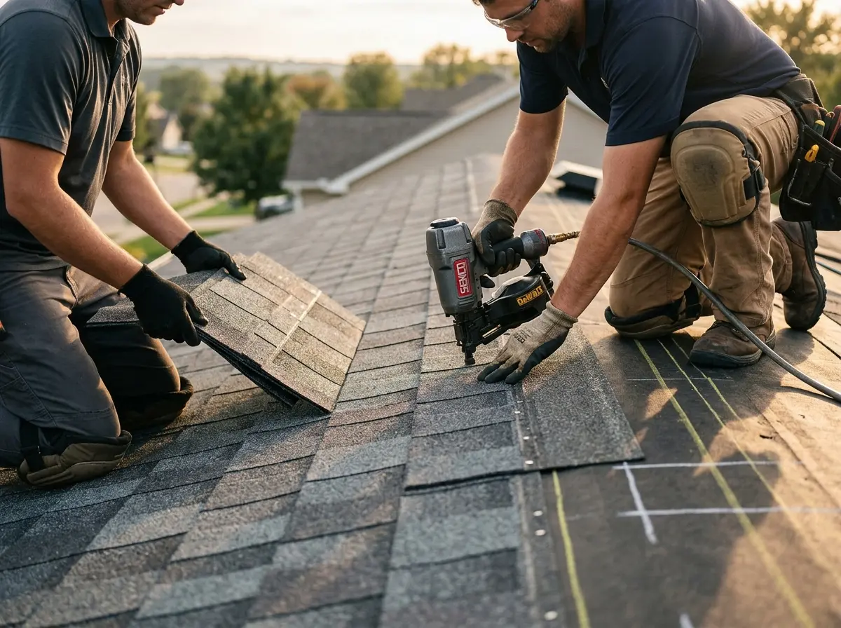 Professional roofer working on a residential roof in Green Bay